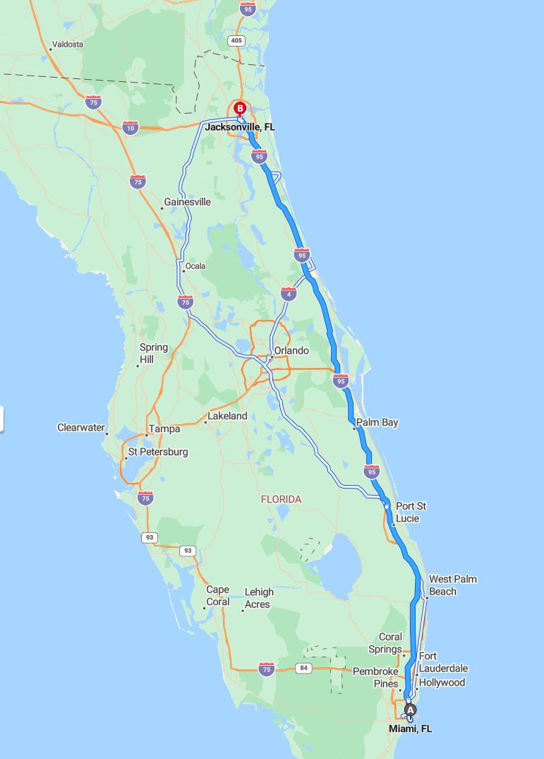 driving from Miami, Florida to JacksonvilleFlorida - map and route