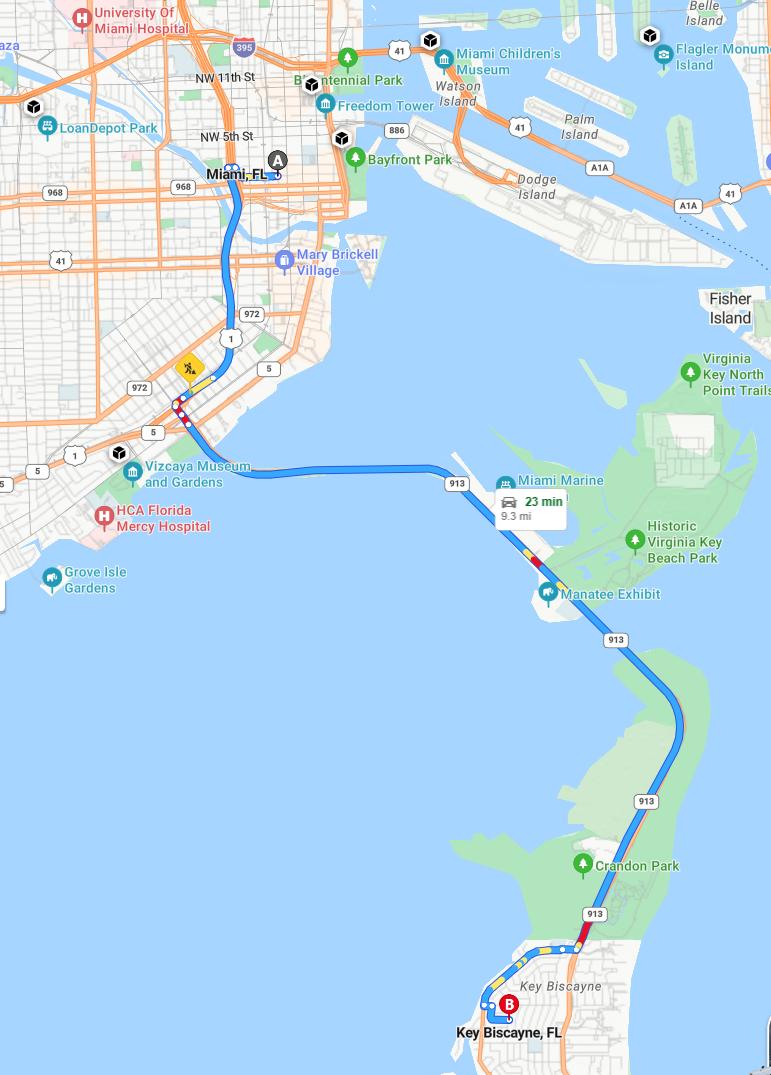 driving from Miami, Florida to Key BiscayneFlorida - map and route