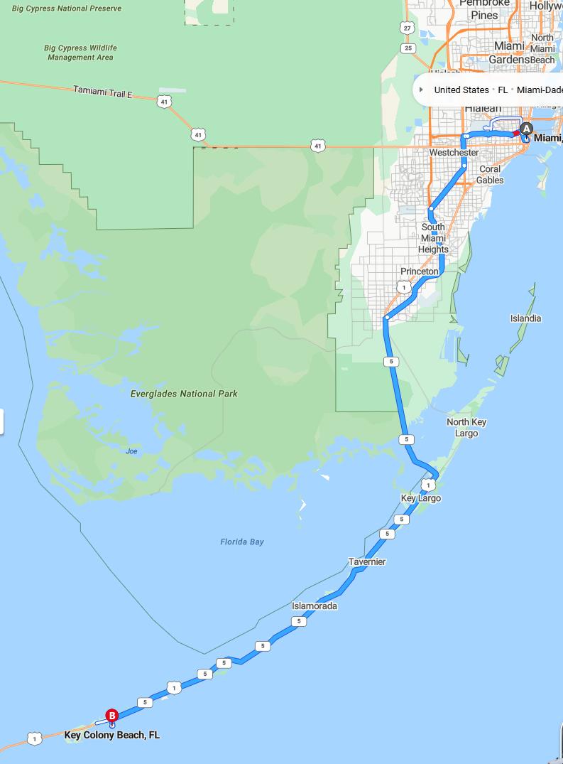 driving from Miami, Florida to Key Colony BeachFlorida - map and route