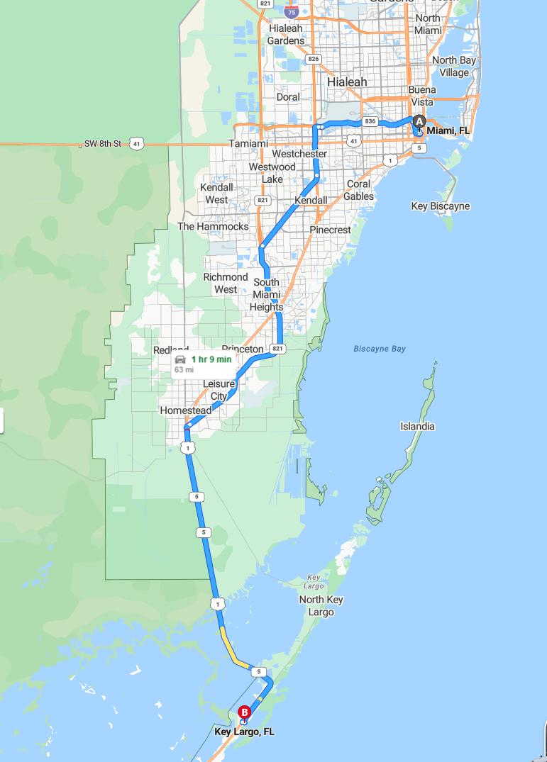 driving from Miami, Florida to Key LargoFlorida - map and route