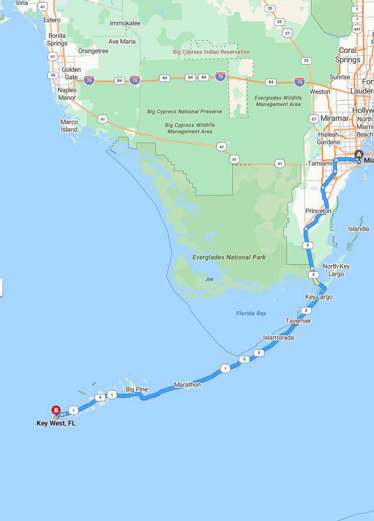 driving from Miami, Florida to Key WestFlorida - map and route
