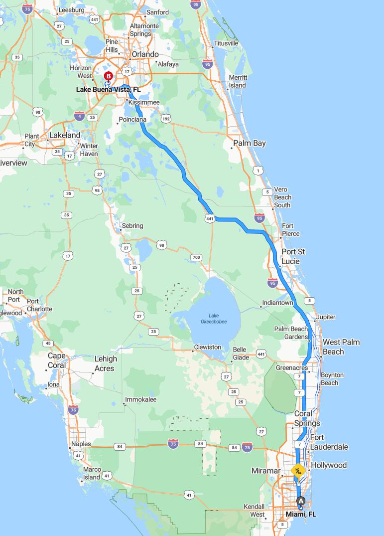 driving from Miami, Florida to Lake Buena VistaFlorida - map and route