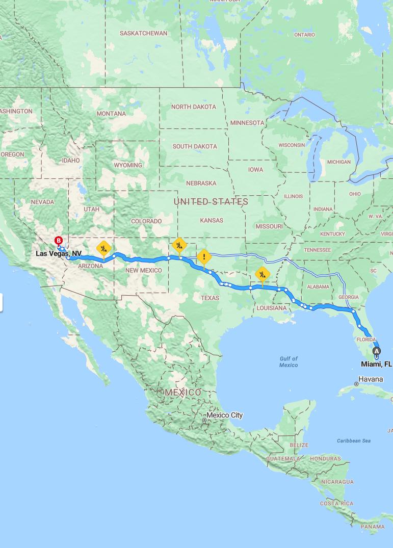 driving from Miami, Florida to Las VegasNevada - map and route