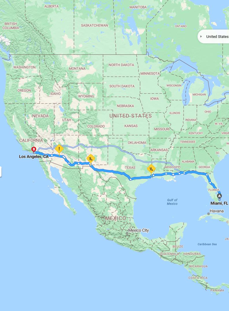 driving from Miami, Florida to Los AngelesCalifornia - map and route