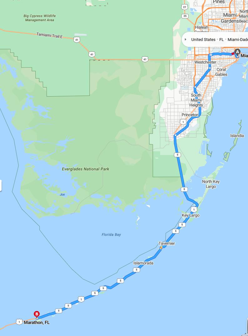 driving from Miami, Florida to MarathonFlorida - map and route