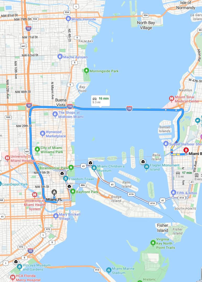 driving from Miami, Florida to Miami BeachFlorida - map and route