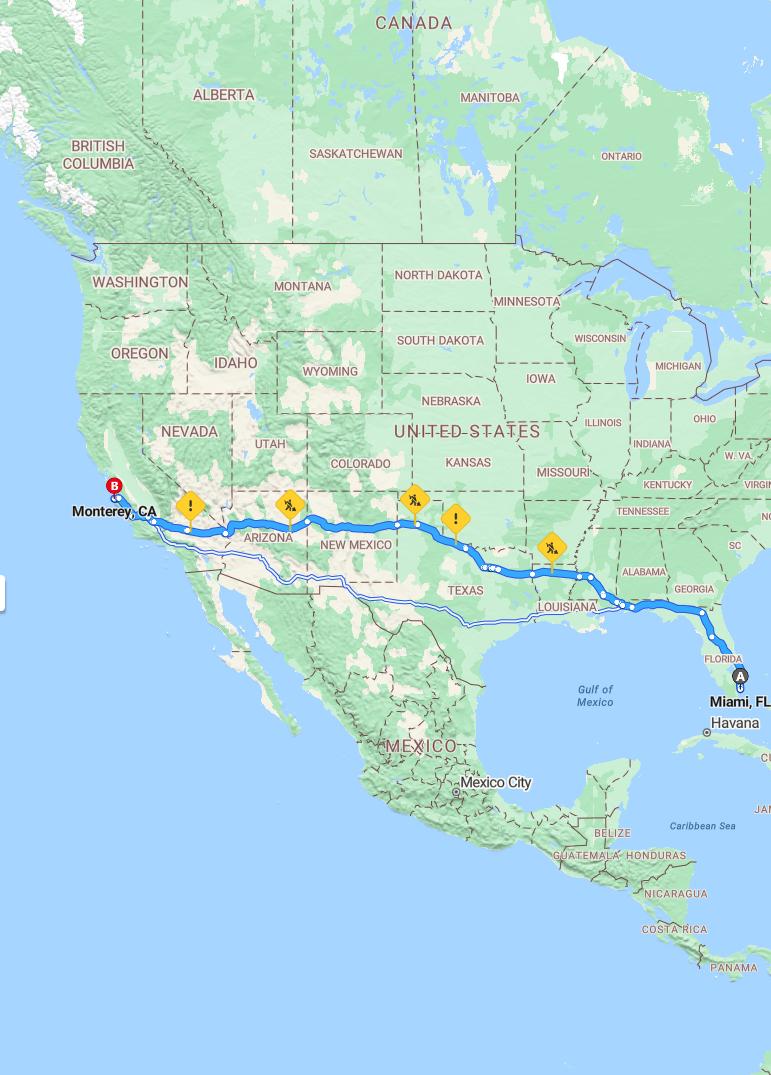 driving from Miami, Florida to MontereyCalifornia - map and route