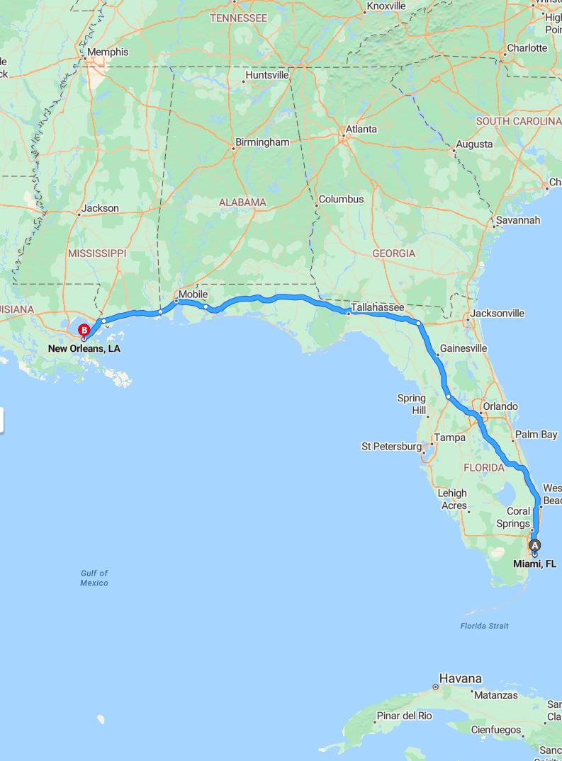 driving from Miami, Florida to New OrleansLouisiana - map and route