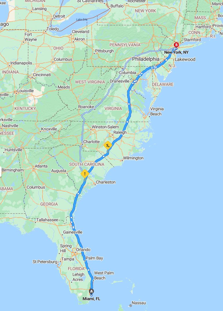 driving from Miami, Florida to New YorkNew York - map and route