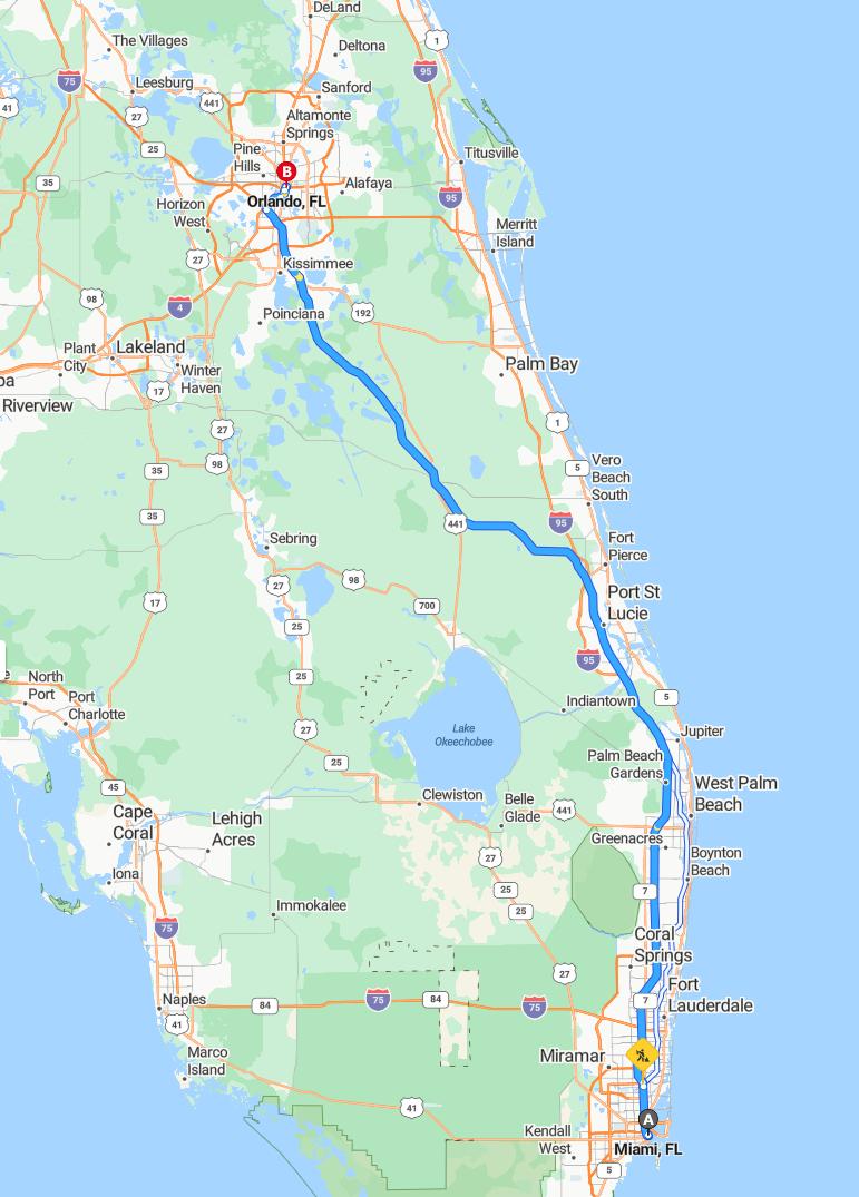 driving from Miami, Florida to OrlandoFlorida - map and route