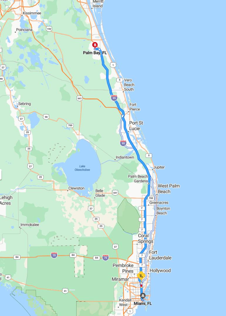 driving from Miami, Florida to Palm BayFlorida - map and route