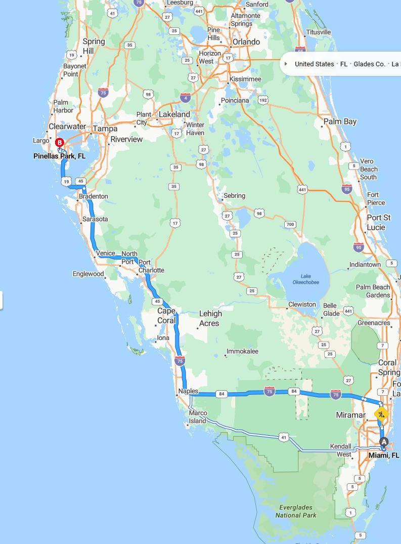 driving from Miami, Florida to Pinellas ParkFlorida - map and route