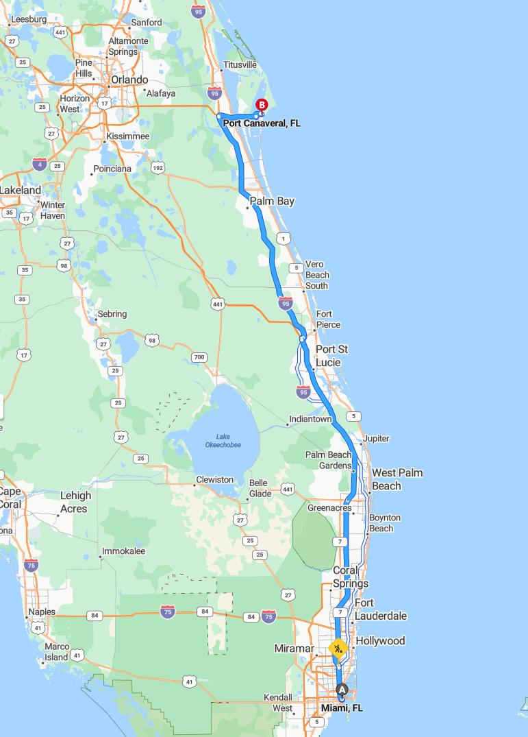driving from Miami, Florida to Port CanaveralFlorida - map and route