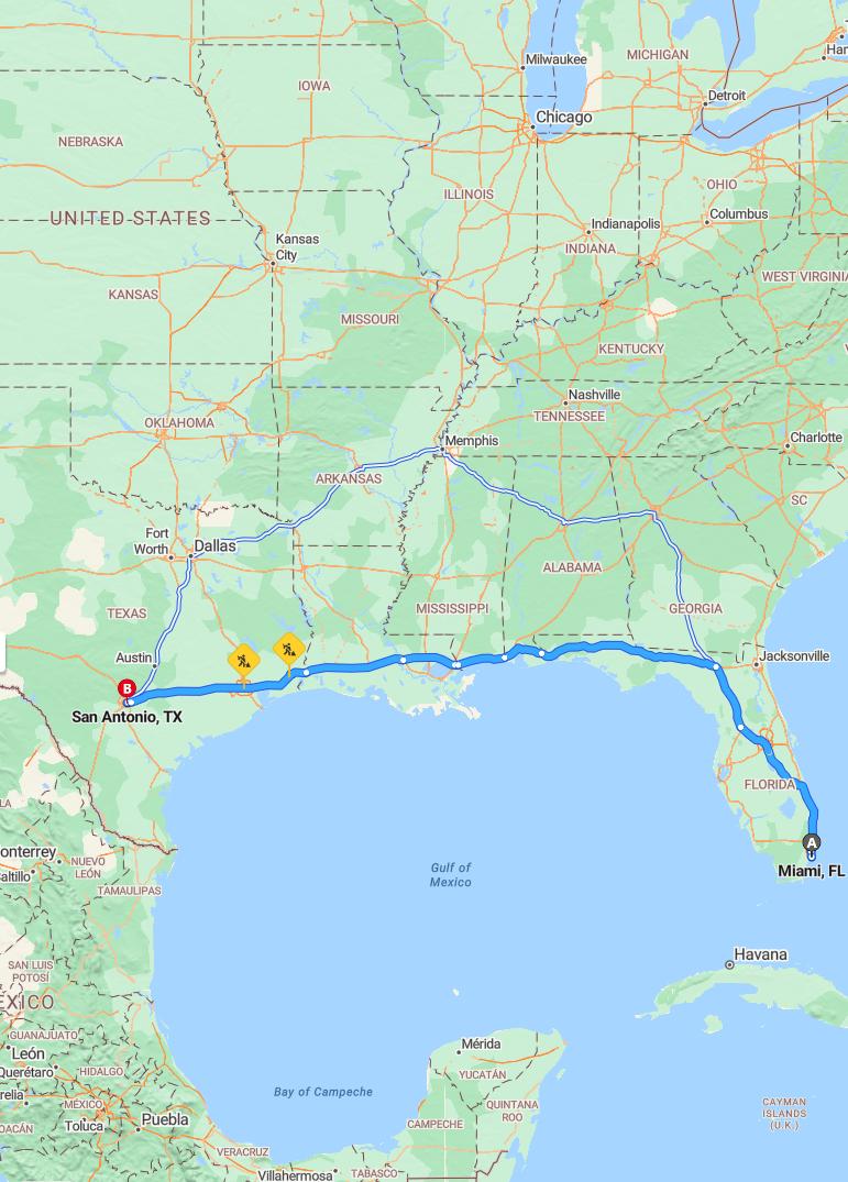 driving from Miami, Florida to San AntonioTexas - map and route