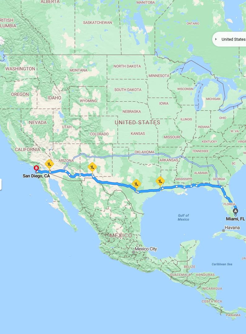 driving from Miami, Florida to San DiegoCalifornia - map and route