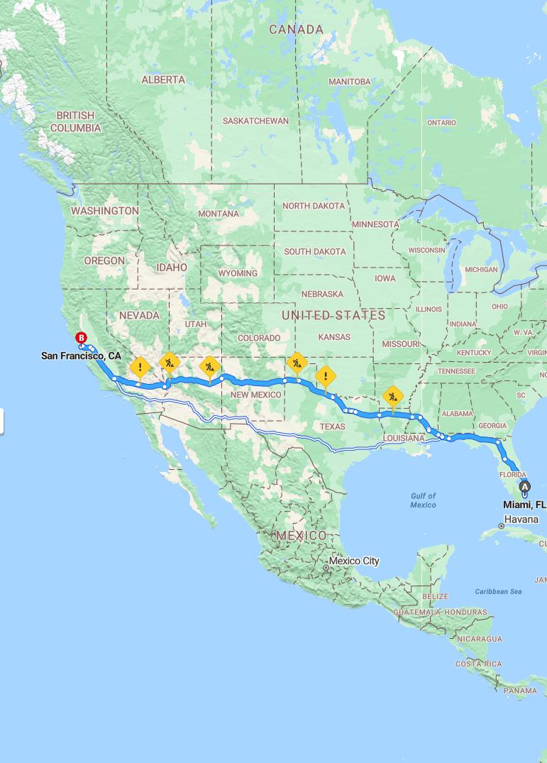 driving from Miami, Florida to San FranciscoCalifornia - map and route