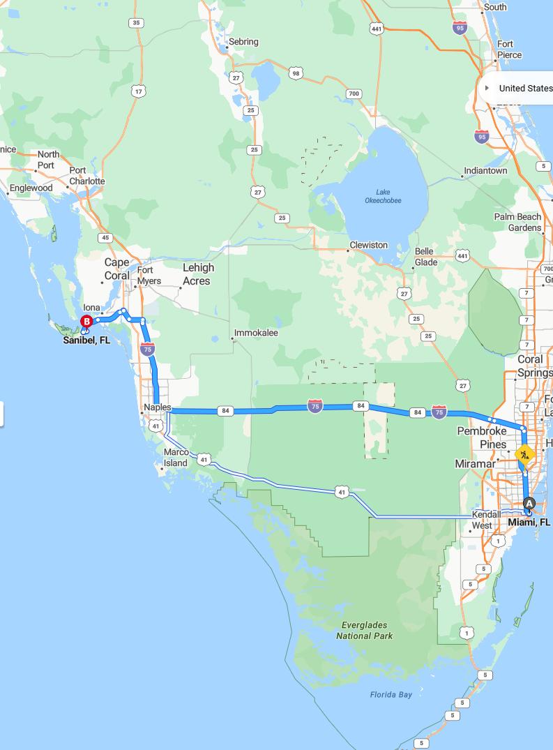 driving from Miami, Florida to SanibelFlorida - map and route