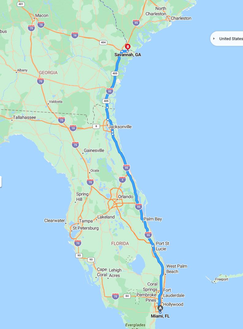 driving from Miami, Florida to SavannahGeorgia - map and route