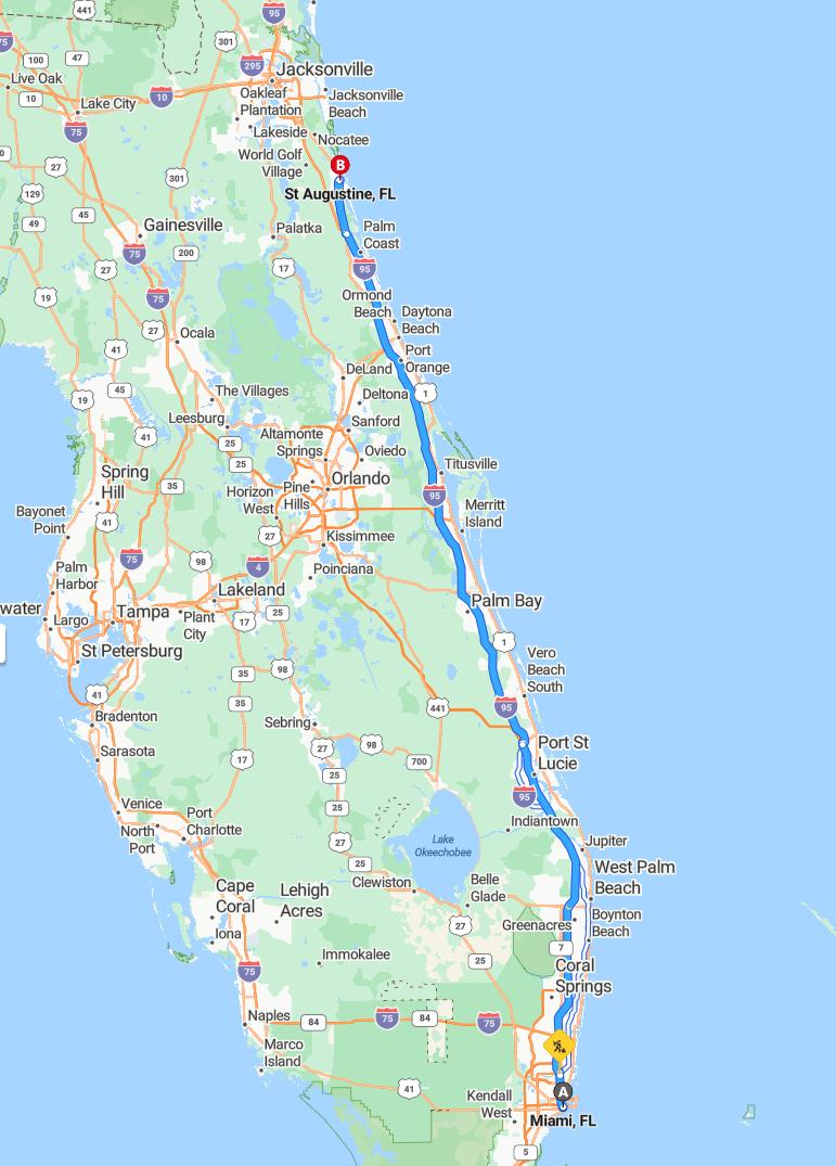 driving from Miami, Florida to St. AugustineFlorida - map and route