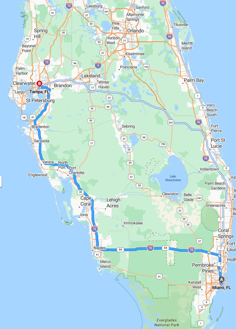 driving from Miami, Florida to TampaFlorida - map and route