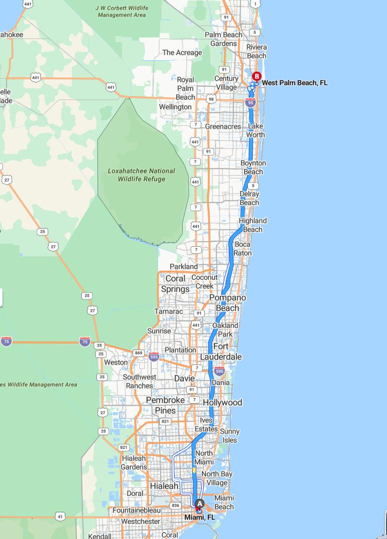 driving from Miami, Florida to West Palm BeachFlorida - map and route