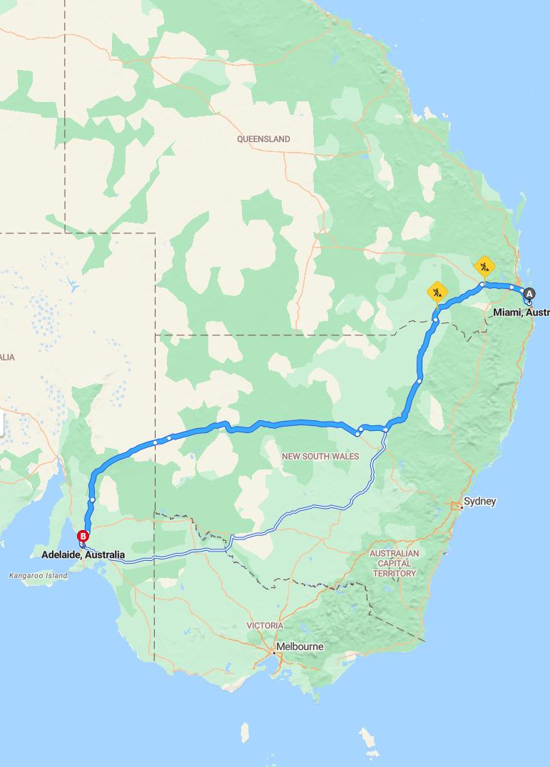 driving from Miami, Queensland to AdelaideSouth Australia - map and route
