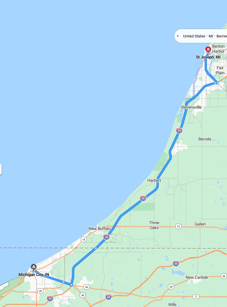 driving from Michigan City, Indiana to St. JosephMichigan - map and route