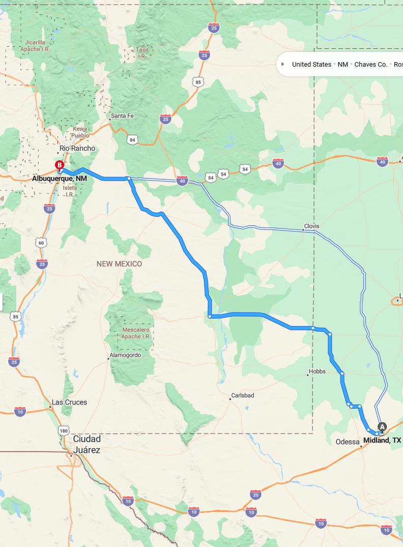 driving from Midland, Texas to AlbuquerqueNew Mexico - map and route
