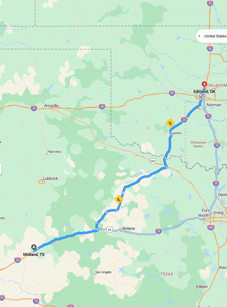 driving from Midland, Texas to EdmondOklahoma - map and route