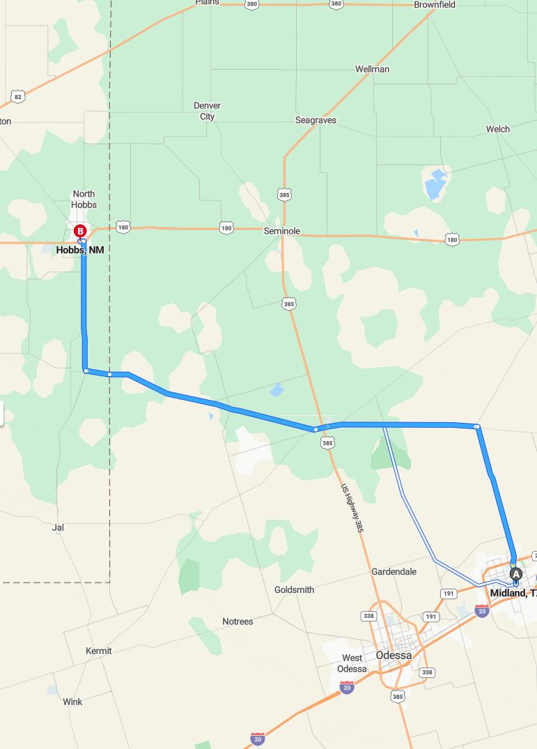 driving from Midland, Texas to HobbsNew Mexico - map and route