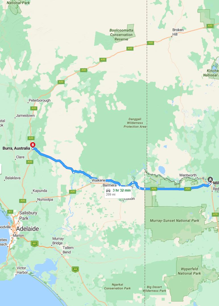 driving from Mildura, Victoria to BurraSouth Australia - map and route