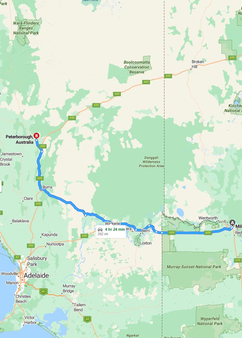 driving from Mildura, Victoria to PeterboroughSouth Australia - map and route