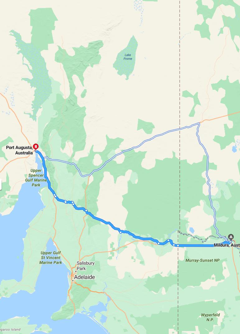 driving from Mildura, Victoria to Port AugustaSouth Australia - map and route