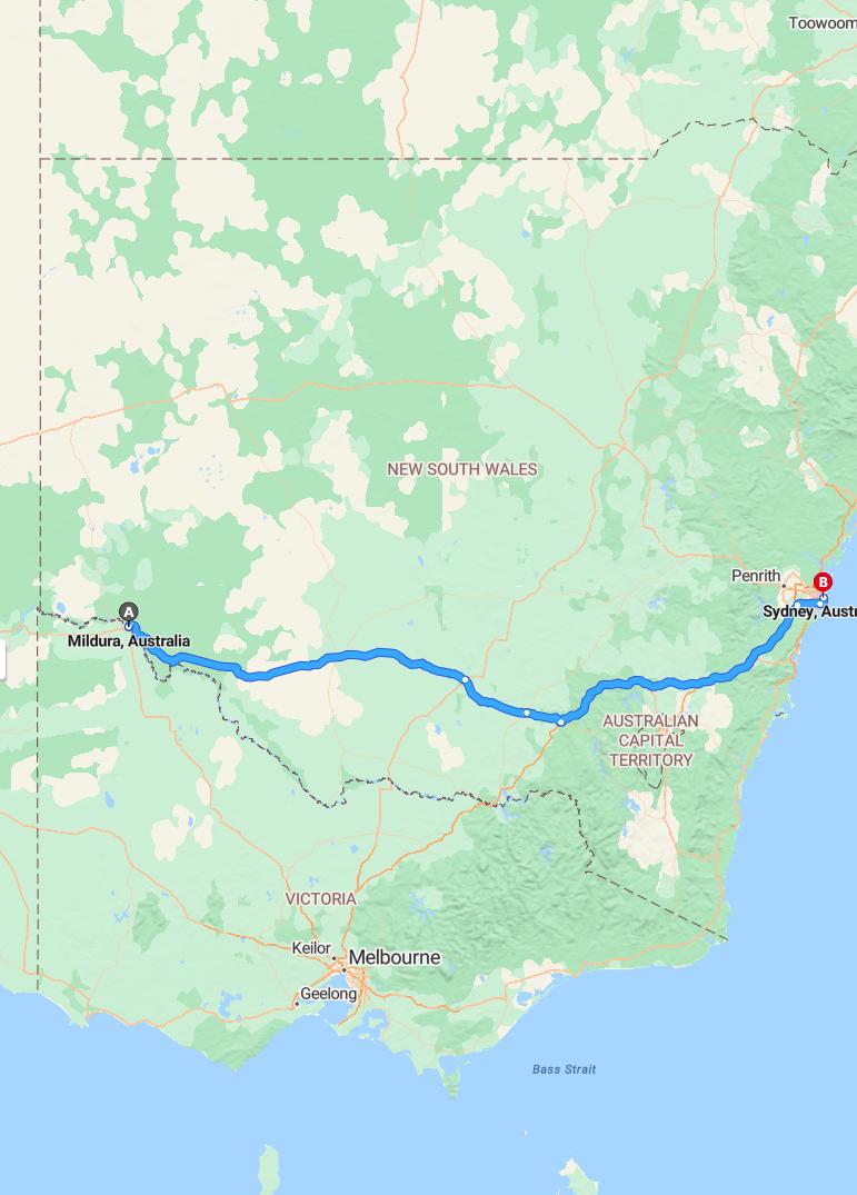 driving from Mildura, Victoria to SydneyNew South Wales - map and route