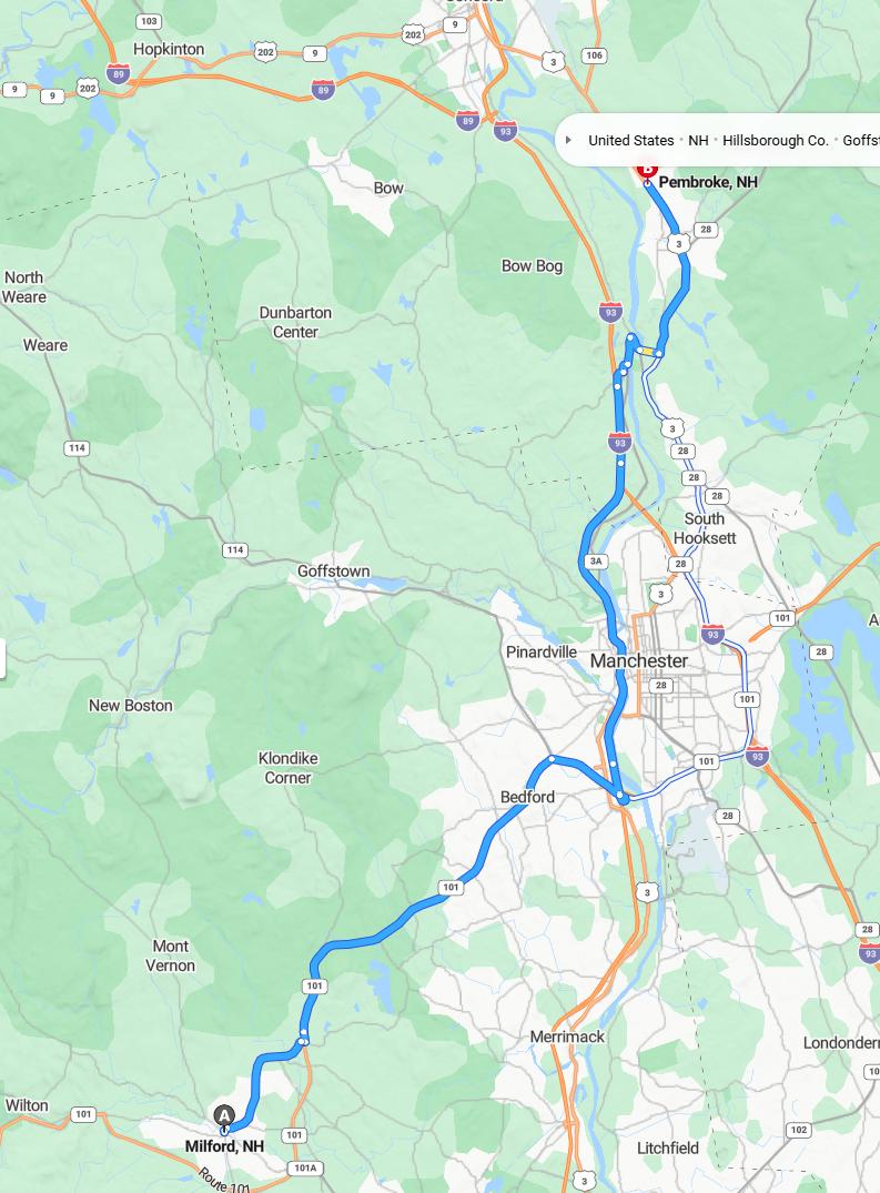 driving from Milford, New Hampshire to PembrokeNew Hampshire - map and route