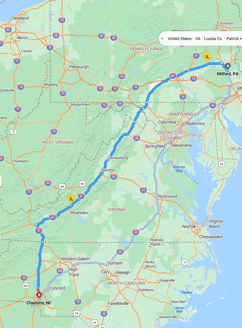 driving from Milford, Pennsylvania to CharlotteNorth Carolina - map and route