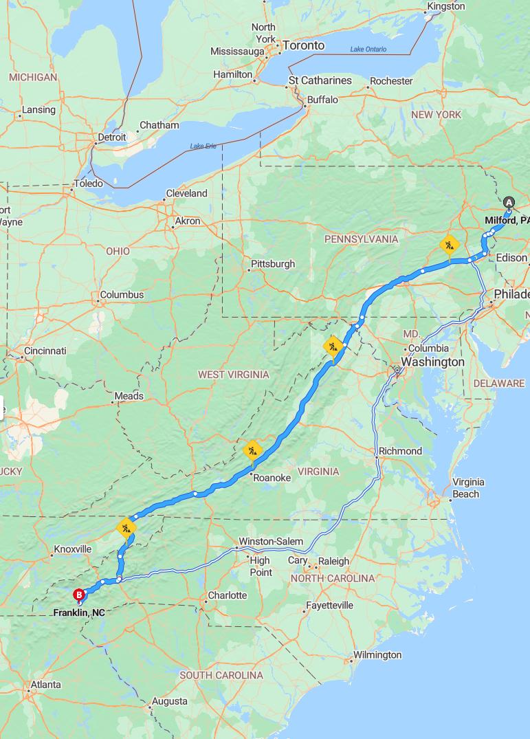 driving from Milford, Pennsylvania to FranklinNorth Carolina - map and route
