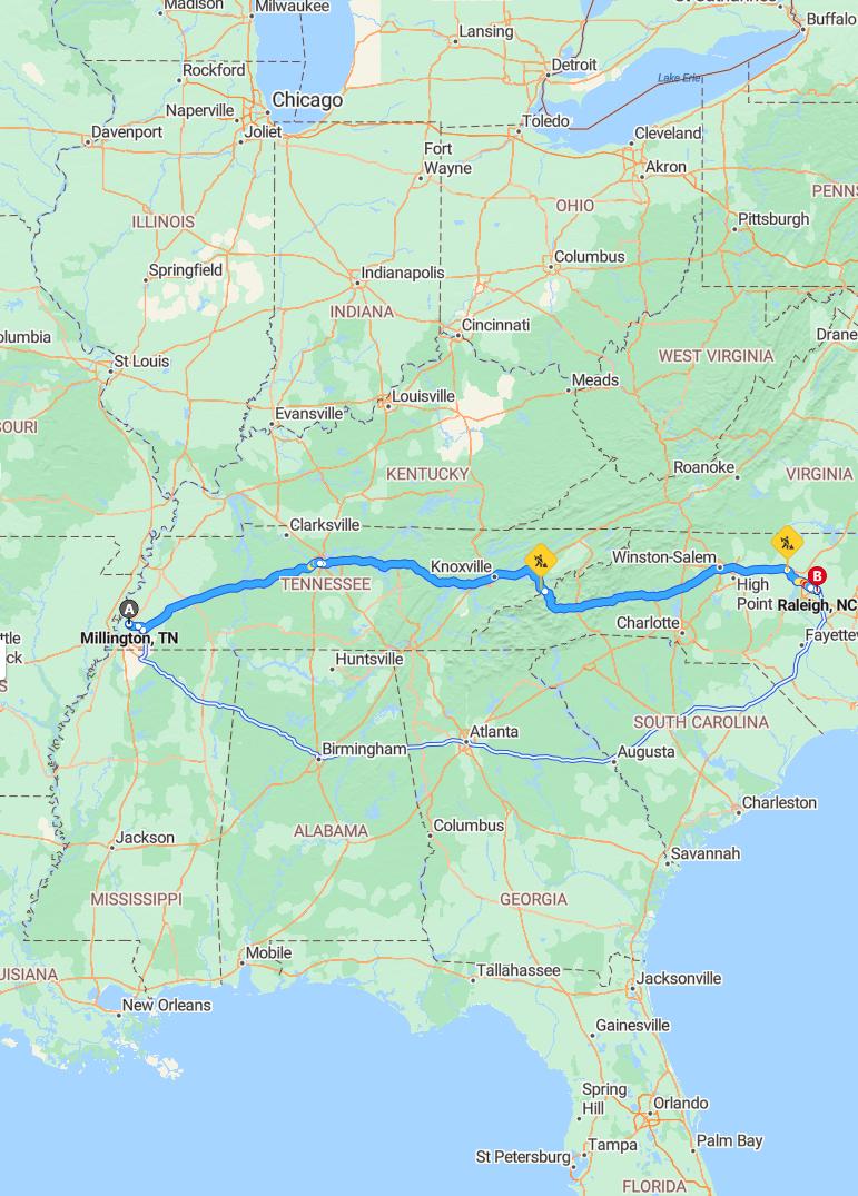 driving from Millington, Tennessee to RaleighNorth Carolina - map and route