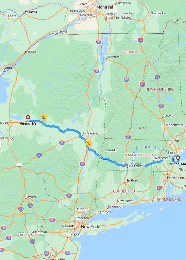 driving from Milton, Massachusetts to VeronaNew York - map and route