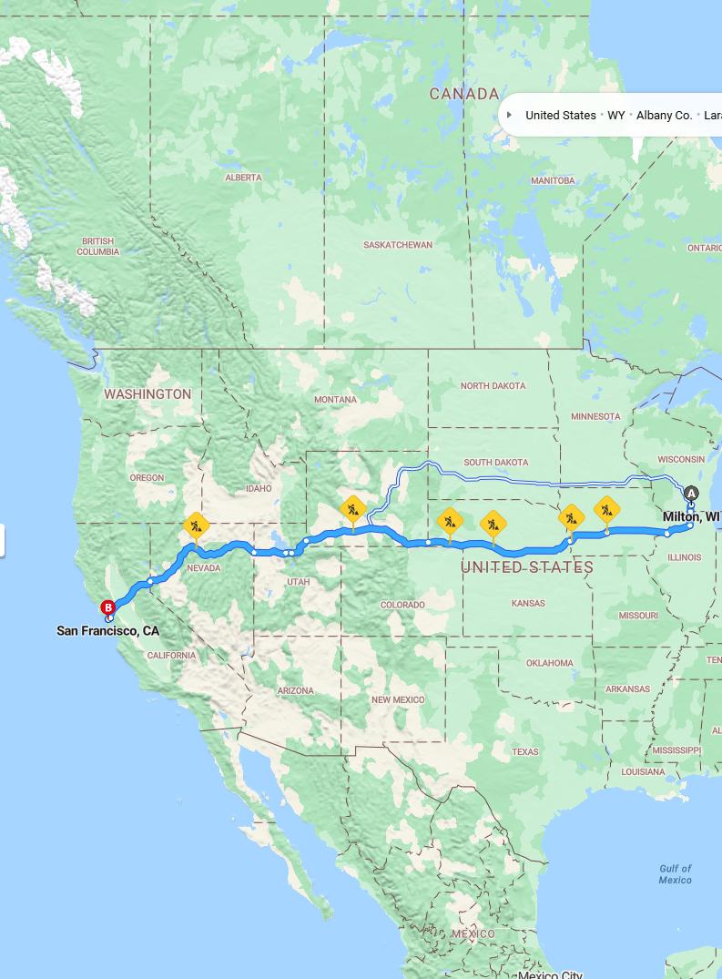 driving from Milton, Wisconsin to San FranciscoCalifornia - map and route