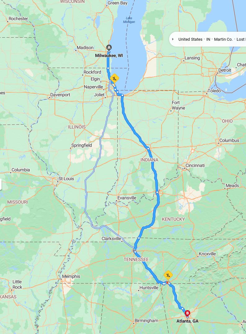 driving from Milwaukee, Wisconsin to AtlantaGeorgia - map and route
