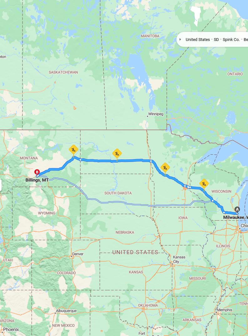 driving from Milwaukee, Wisconsin to BillingsMontana - map and route