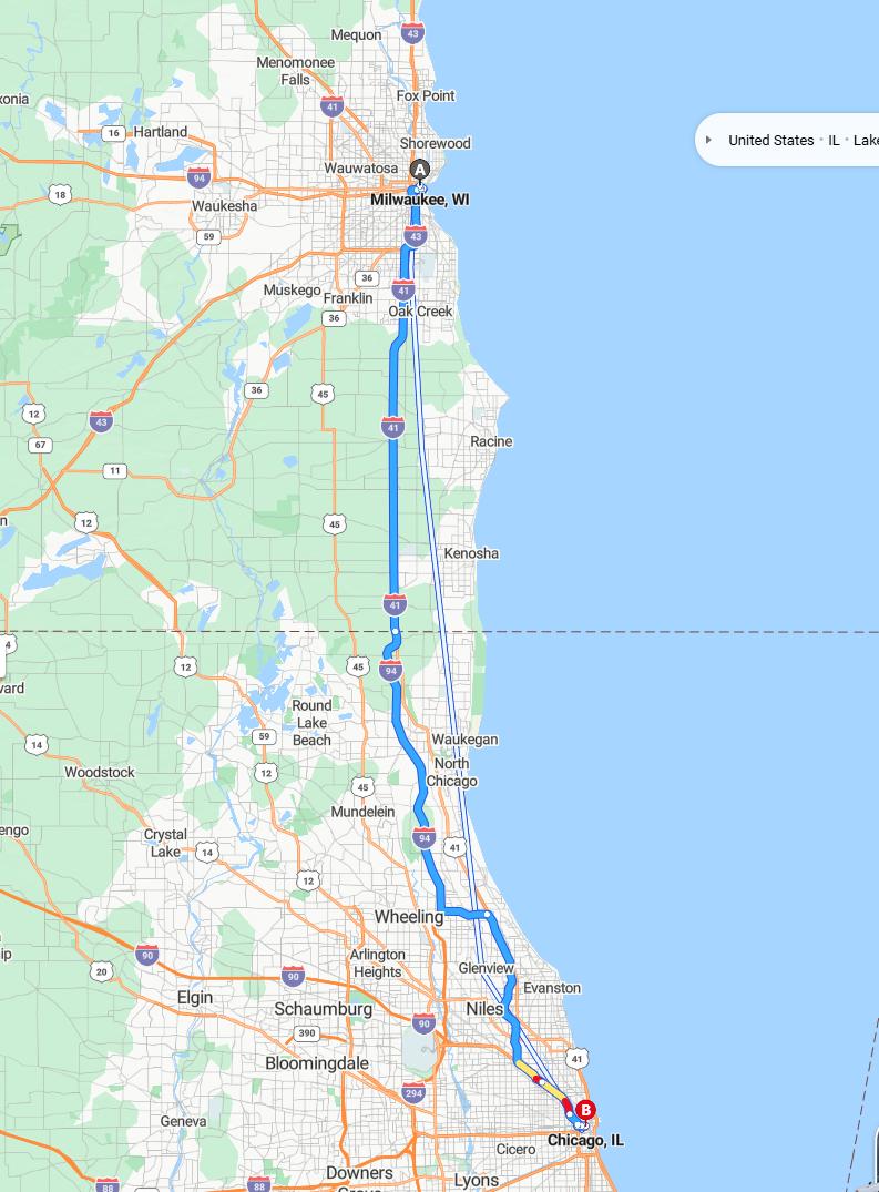 driving from Milwaukee, Wisconsin to ChicagoIllinois - map and route