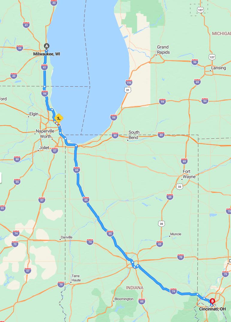driving from Milwaukee, Wisconsin to CincinnatiOhio - map and route