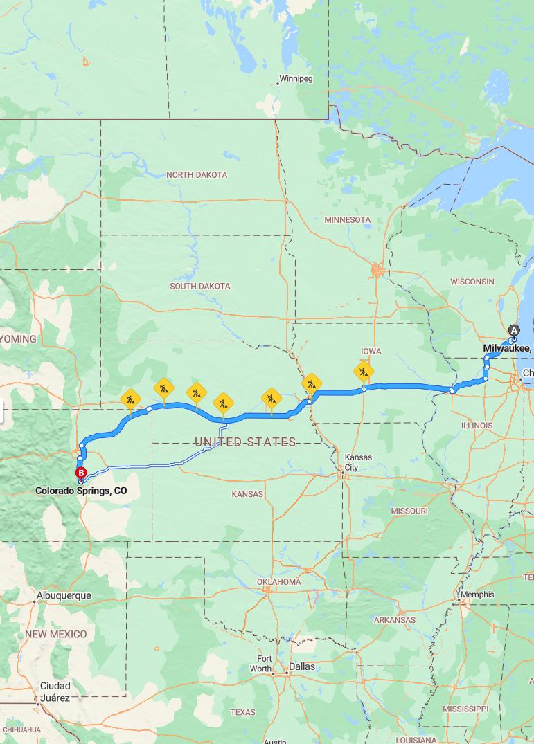 driving from Milwaukee, Wisconsin to Colorado SpringsColorado - map and route