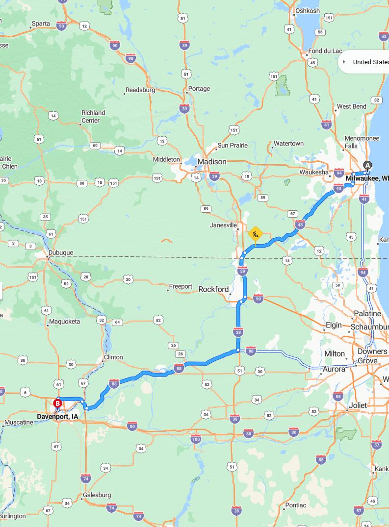 driving from Milwaukee, Wisconsin to DavenportIowa - map and route