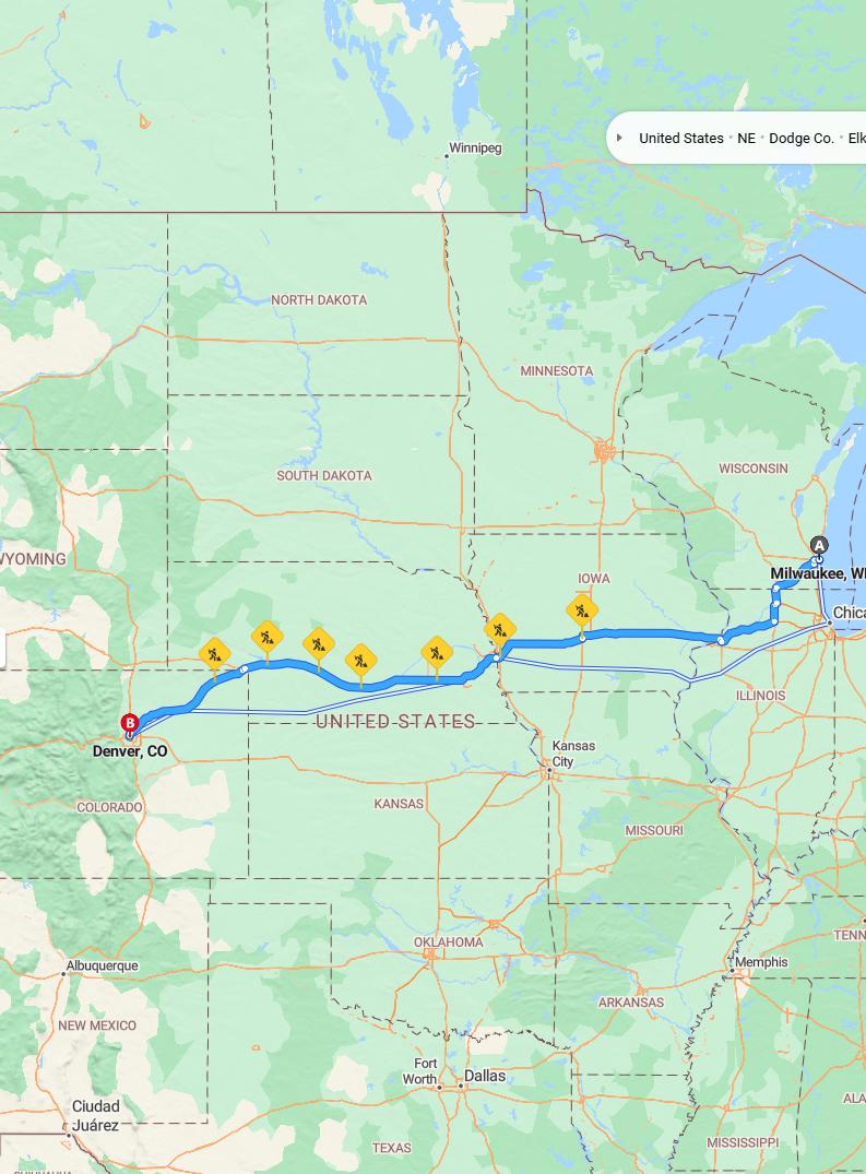 driving from Milwaukee, Wisconsin to DenverColorado - map and route