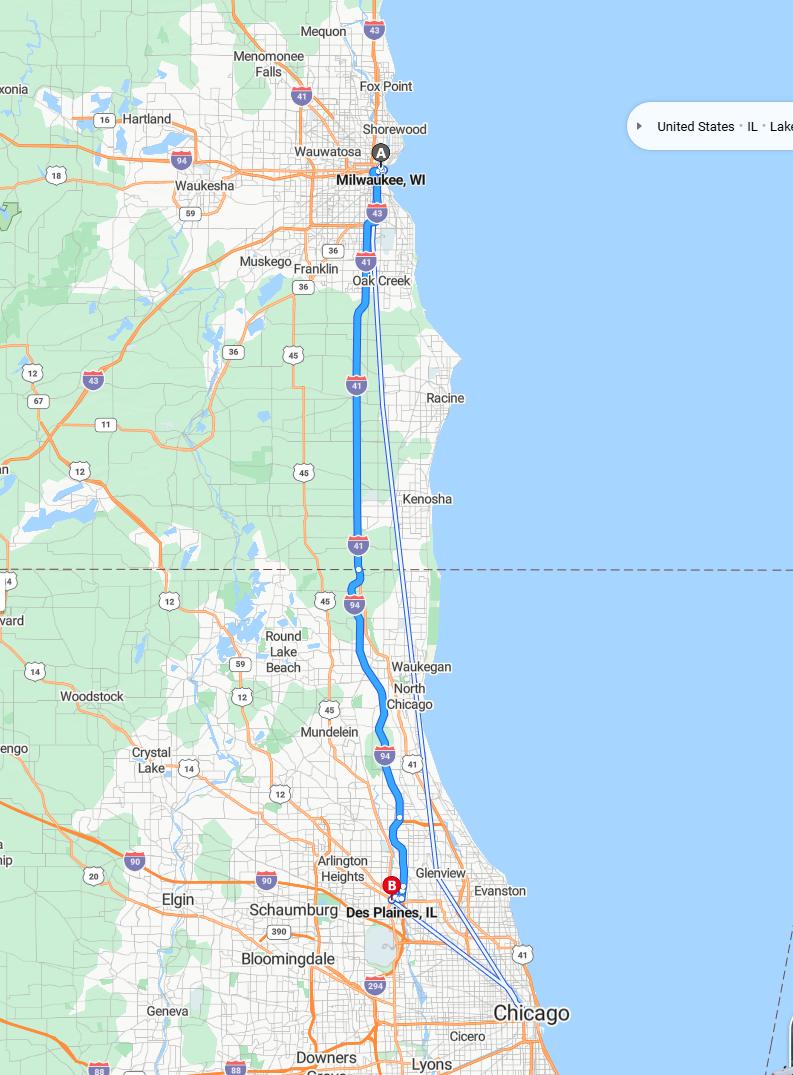 driving from Milwaukee, Wisconsin to Des PlainesIllinois - map and route