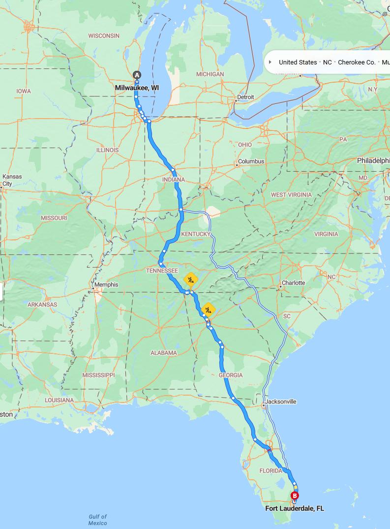driving from Milwaukee, Wisconsin to Fort LauderdaleFlorida - map and route