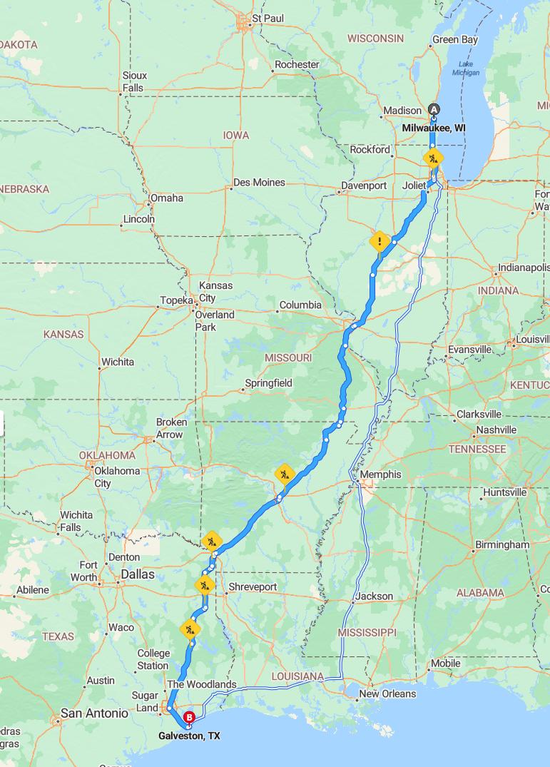 driving from Milwaukee, Wisconsin to GalvestonTexas - map and route